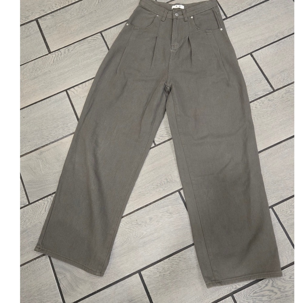 X.Y Olive Green Wide Leg Pleated Cotton Pants Trousers 5153 Womens Medium